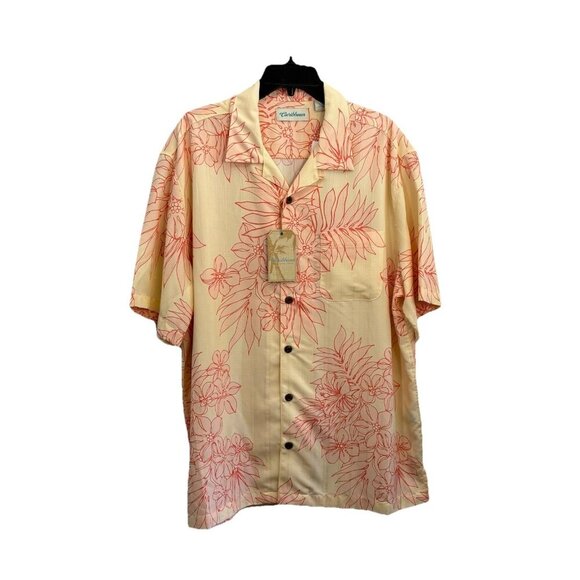 Caribbean Mens Hawaiian Button Pink Floral Print Shirt L Hawaiian Camp - Picture 1 of 8